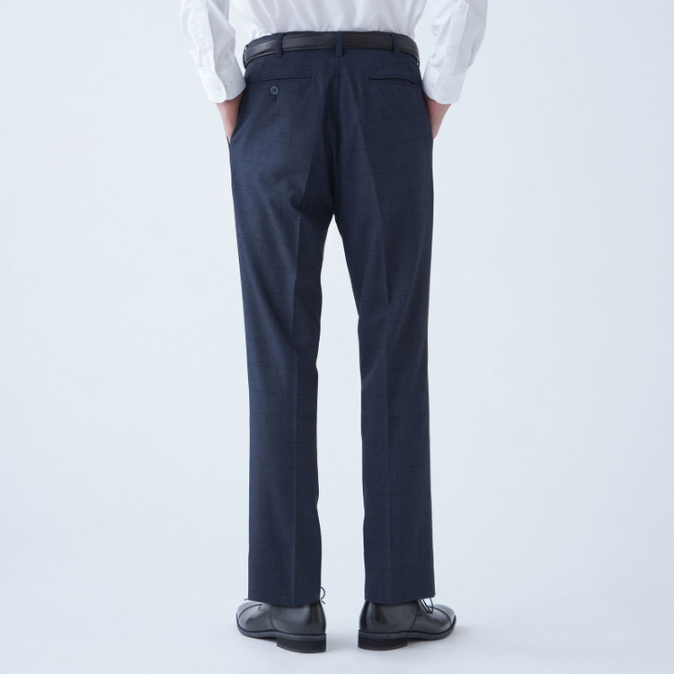 ブラックライン 【SLIM TAPERED】【秋冬】ポリエステル0タックテーパードパンツ/ネイビー×ウィンドペン/ウエストムーブ/ウォッシャブル/4S SUSTAINABILITY&ECOLOGY FABRIC/裾上げ済み仕様 紺濃色