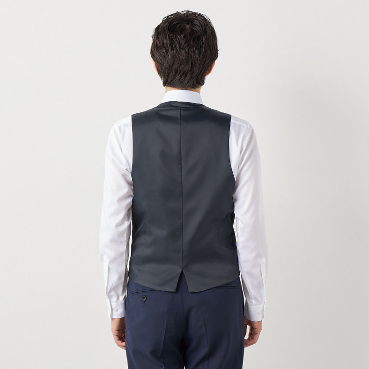 ブラックライン 【SLIM TAPERED】【年間】2釦シングルスリーピーススーツ 0タック/ネイビー×ヘリンボーン /ウエストシャーリング/4S TAKE OUT SUITS /リバーシブルベスト（グレー）/※パンツ裾上げ済仕様 紺中間