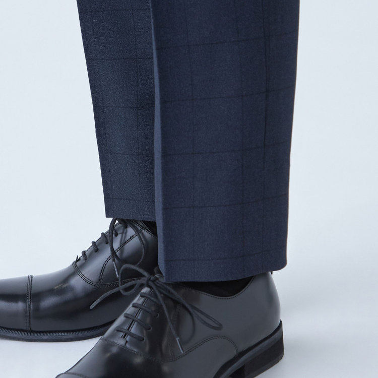 ブラックライン 【SLIM TAPERED】【秋冬】ポリエステル0タックテーパードパンツ/ネイビー×ウィンドペン/ウエストムーブ/ウォッシャブル/4S SUSTAINABILITY&ECOLOGY FABRIC/裾上げ済み仕様 紺濃色