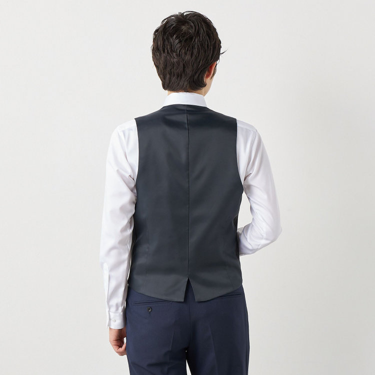 ブラックライン 【SLIM TAPERED】【年間】2釦シングルスリーピーススーツ 0タック/ネイビー×ヘリンボーン /ウエストシャーリング/4S TAKE OUT SUITS /リバーシブルベスト（グレー）/※パンツ裾上げ済仕様 紺中間
