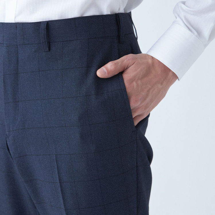 ブラックライン 【SLIM TAPERED】【秋冬】ポリエステル0タックテーパードパンツ/ネイビー×ウィンドペン/ウエストムーブ/ウォッシャブル/4S SUSTAINABILITY&ECOLOGY FABRIC/裾上げ済み仕様 紺濃色