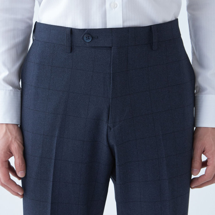 ブラックライン 【SLIM TAPERED】【秋冬】ポリエステル0タックテーパードパンツ/ネイビー×ウィンドペン/ウエストムーブ/ウォッシャブル/4S SUSTAINABILITY&ECOLOGY FABRIC/裾上げ済み仕様 紺濃色