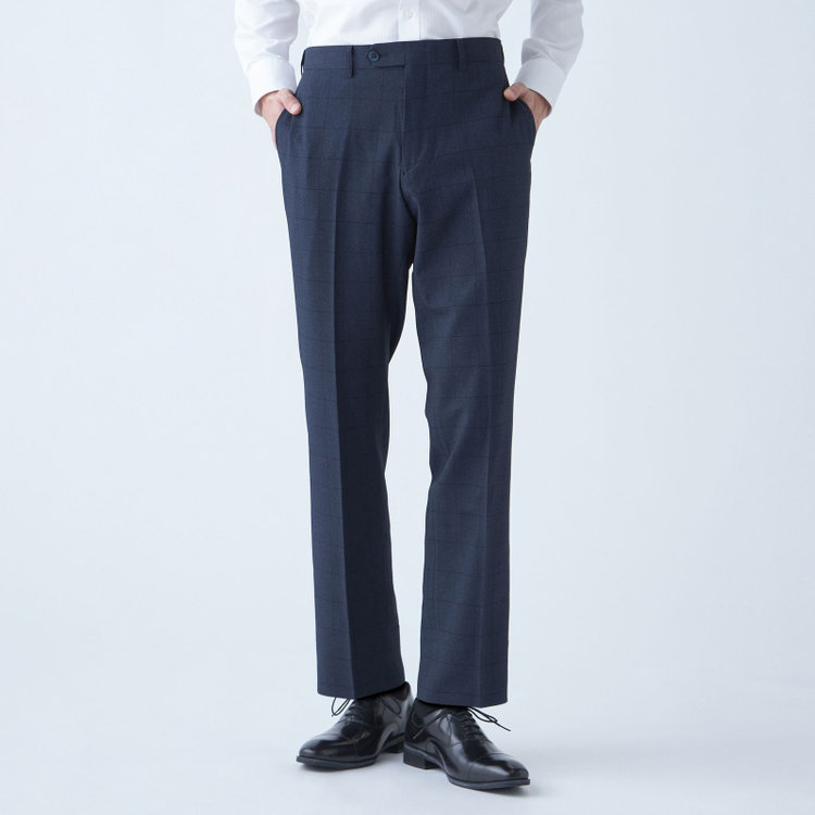 ブラックライン 【SLIM TAPERED】【秋冬】ポリエステル0タックテーパードパンツ/ネイビー×ウィンドペン/ウエストムーブ/ウォッシャブル/4S SUSTAINABILITY&ECOLOGY FABRIC/裾上げ済み仕様 紺濃色