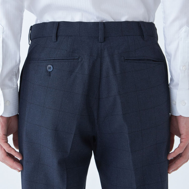 ブラックライン 【SLIM TAPERED】【秋冬】ポリエステル0タックテーパードパンツ/ネイビー×ウィンドペン/ウエストムーブ/ウォッシャブル/4S SUSTAINABILITY&ECOLOGY FABRIC/裾上げ済み仕様 紺濃色