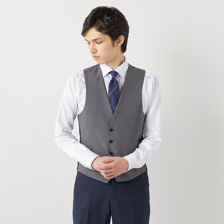 ブラックライン 【SLIM TAPERED】【年間】2釦シングルスリーピーススーツ 0タック/ネイビー×ヘリンボーン /ウエストシャーリング/4S TAKE OUT SUITS /リバーシブルベスト（グレー）/※パンツ裾上げ済仕様 紺中間