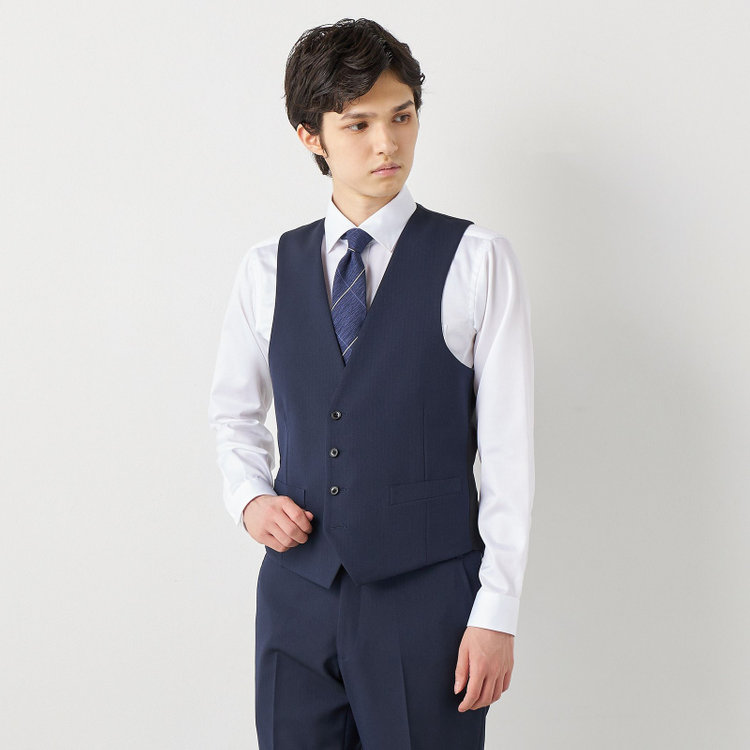 ブラックライン 【SLIM TAPERED】【年間】2釦シングルスリーピーススーツ 0タック/ネイビー×ヘリンボーン /ウエストシャーリング/4S TAKE OUT SUITS /リバーシブルベスト（グレー）/※パンツ裾上げ済仕様 紺中間