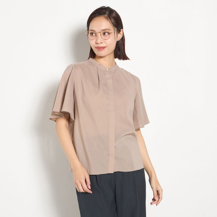 【半袖】バンドカラーブラウス/ブラウン/「ストレッチ」「通気性」「吸水・速乾」「環境負荷軽減」