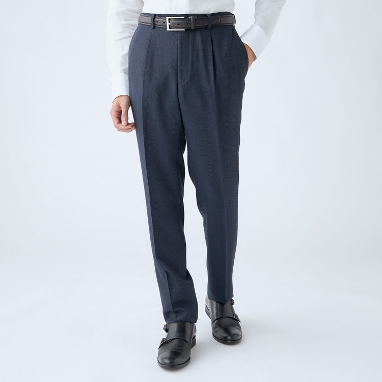 シルバーライン 【RBC】【秋冬】ウールブレンド1タックテーパードパンツ/ネイビー×バーズアイ/ウエストムーブ/※裾上げ必要 紺中間