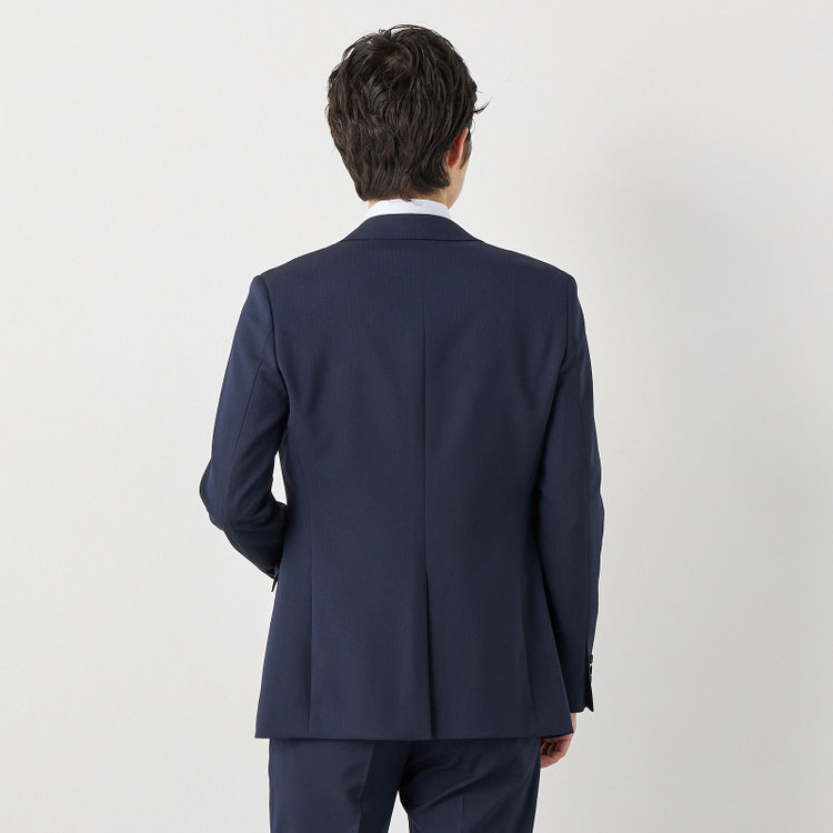 ブラックライン 【SLIM TAPERED】【年間】2釦シングルスリーピーススーツ 0タック/ネイビー×ヘリンボーン /ウエストシャーリング/4S TAKE OUT SUITS /リバーシブルベスト（グレー）/※パンツ裾上げ済仕様 紺中間