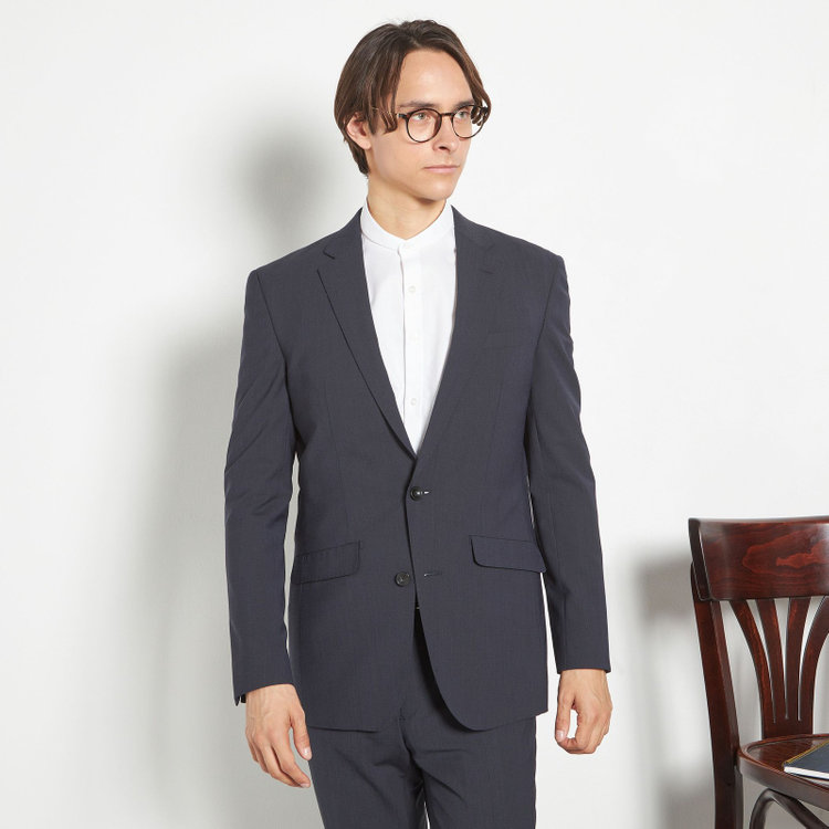 ブラックライン 【SLIM TAPERED_2】【春夏】2釦シングルスーツ 0タック/ネイビー×ヘアラインストライプ/ウエストシャーリング/4S SUSTAINABILITY&ECOLOGY FABRIC/ウォッシャブル/※パンツ裾上げ済仕様 紺中間