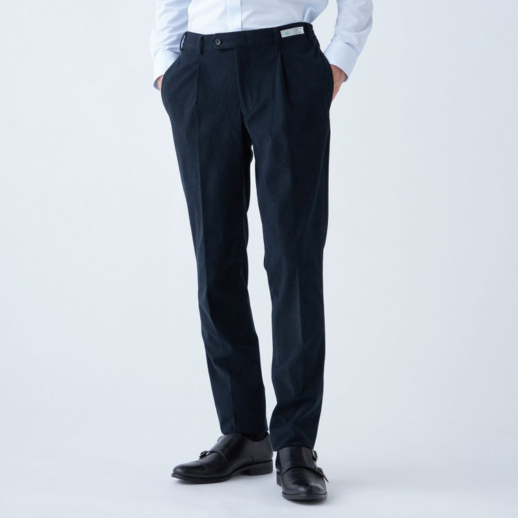 シルバーライン 【発送在庫あり】【CLASSICO TAPERED】【秋冬】ポリエステル1タックテーパードパンツ/ネイビー×コーデュロイ/シャーリング仕様/4S SUSTAINABLE/※裾上げ必要 紺濃色