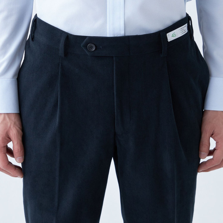 シルバーライン 【発送在庫あり】【CLASSICO TAPERED】【秋冬】ポリエステル1タックテーパードパンツ/ネイビー×コーデュロイ/シャーリング仕様/4S SUSTAINABLE/※裾上げ必要 紺濃色