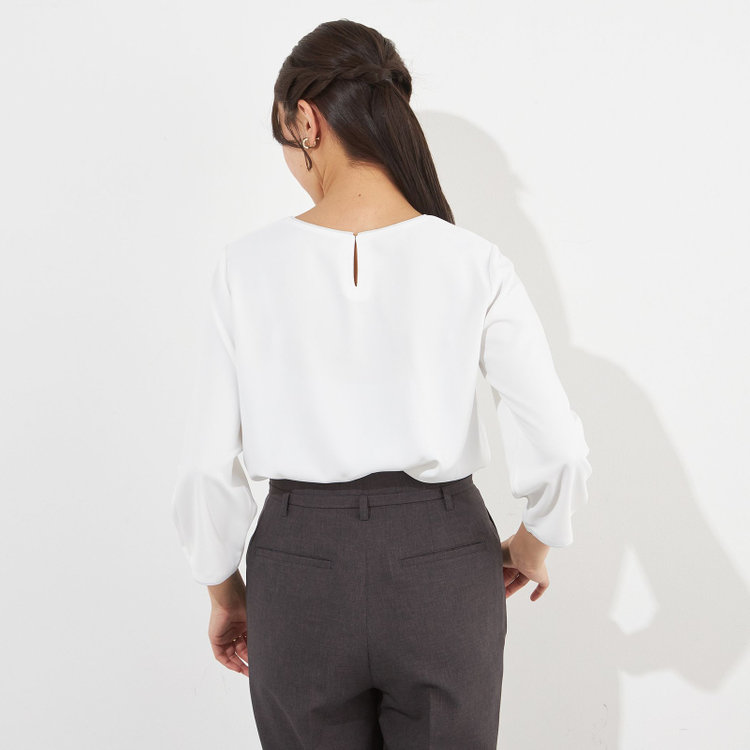 シルバーライン 【SILVER LINE/7分袖】配色クルーネックプルオーバー/ホワイト×グレー/「ウォッシャブル」「ストレッチ」「防シワ」「UV加工」「静電気防止」 白