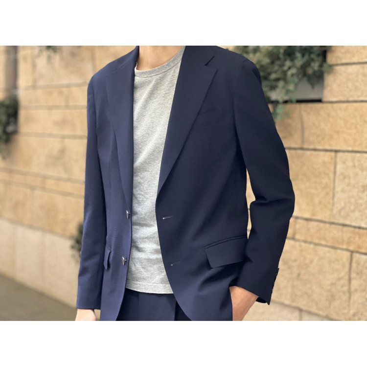 スーツセレクト 【WEB限定/OUTLET】【RBC】【春夏】コーディネートパンツ付き/ワイドラペル2釦シングルスーツ 1タック/ネイビー×シアサッカー+グレーブラウンパンツ/ウエストシャーリング/ウォッシャブル/※パンツ裾上げ済仕様 ネイビー系(紺)