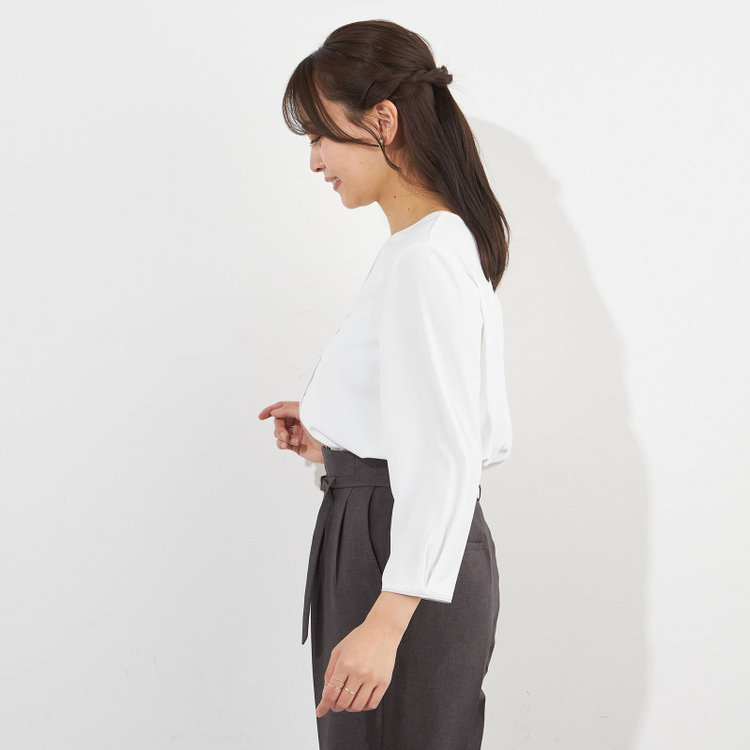 シルバーライン 【SILVER LINE/7分袖】配色クルーネックプルオーバー/ホワイト×グレー/「ウォッシャブル」「ストレッチ」「防シワ」「UV加工」「静電気防止」 白