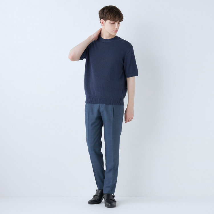 スーツセレクト 【RBC】【半袖】リネンコットンブレンドクルーネックニット/ネイビー 紺中間