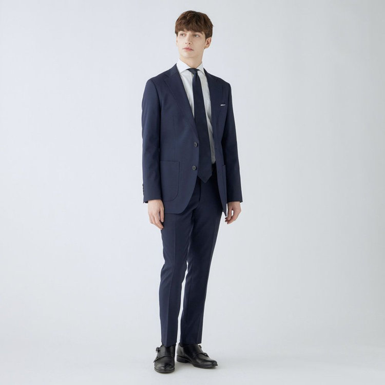 シルバーライン 【4S CROSS】【年間】セットアップパンツ 0タック/ネイビー×ハウンドトゥース/ウエストムーブ/※裾上げ済仕様 紺中間