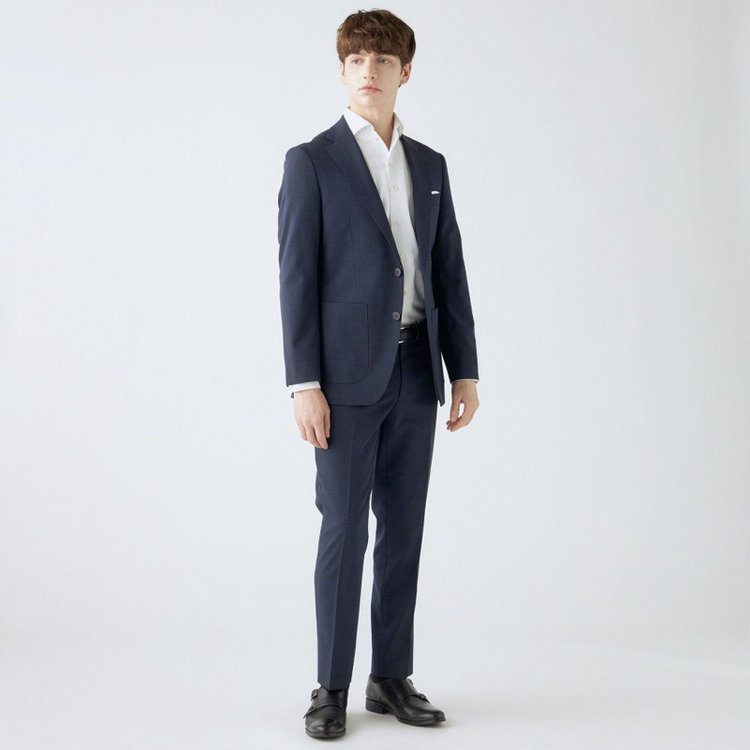 シルバーライン 【4S CROSS】【年間】セットアップパンツ 0タック/ネイビー×ハウンドトゥース/ウエストムーブ/※裾上げ済仕様 紺中間