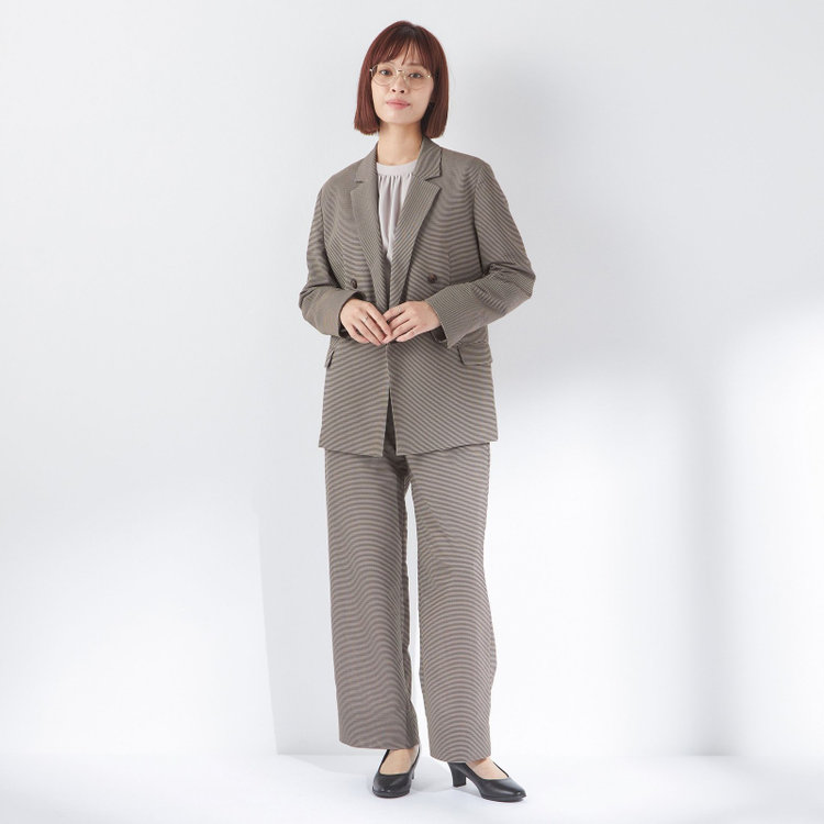 シルバーライン 【SL】【春夏】ワイドパンツ/ブラウン×チェック/ウエストシャーリング/ウォッシャブル/裾上げ済仕様 青淡色