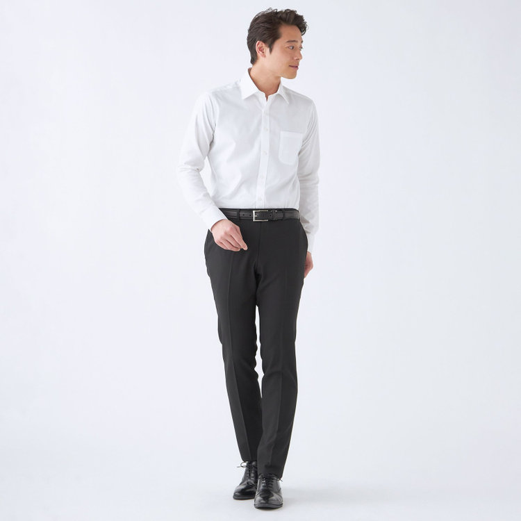 ブラックライン 【SLIM TAPERED】【年間】ポリエステル0タックテーパードパンツ/ブラック×シャドーストライプ/ウエストムーブ/ウォッシャブル/4S/※裾上げ必要 黒