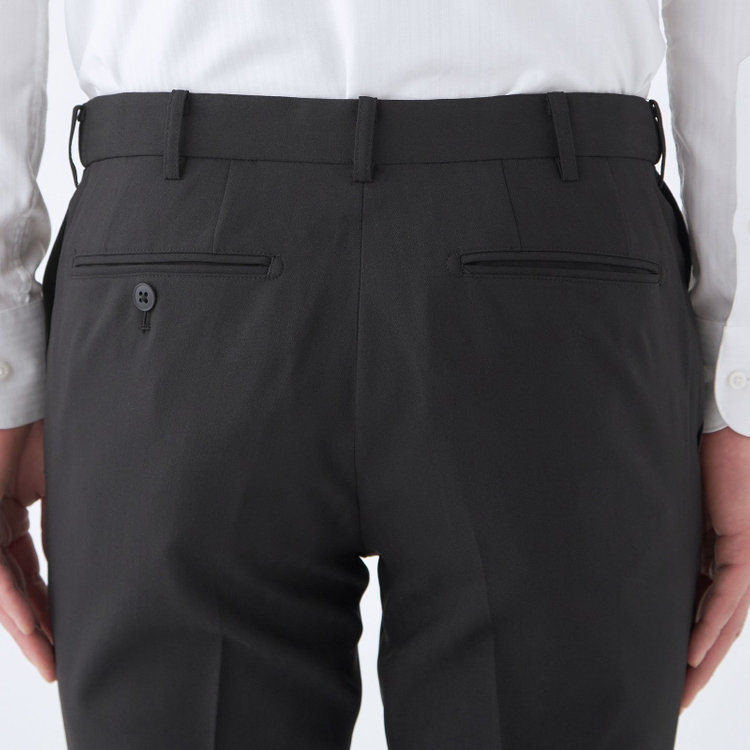 ブラックライン 【SLIM TAPERED】【年間】ポリエステル0タックテーパードパンツ/ブラック×シャドーストライプ/ウエストムーブ/ウォッシャブル/4S/※裾上げ必要 黒