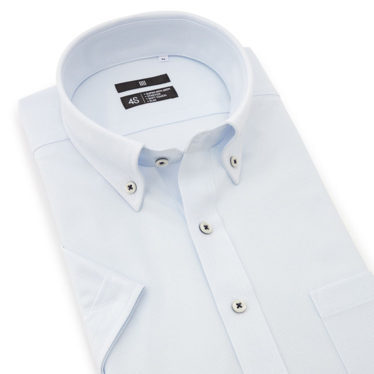 ブラックライン 【発送在庫あり】【BLACK LINE/半袖】ボタンダウンワイシャツ/サックス×ドビー/釦付糸：ネイビー/「4S」スーパーノンアイロン・ストレッチ 青淡色