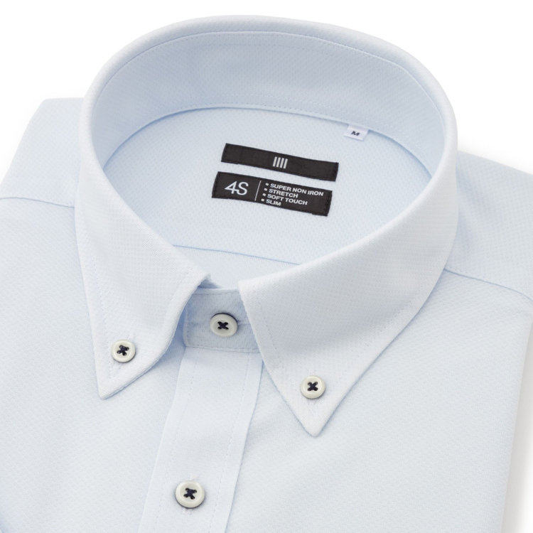 ブラックライン 【発送在庫あり】【BLACK LINE/半袖】ボタンダウンワイシャツ/サックス×ドビー/釦付糸：ネイビー/「4S」スーパーノンアイロン・ストレッチ 青淡色