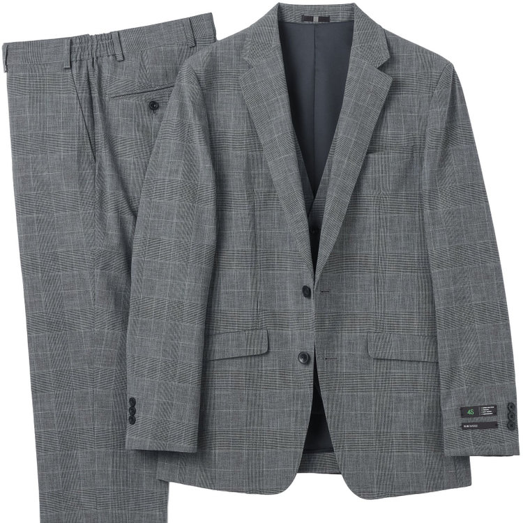 ブラックライン 【SLIM TAPERED_2】【春夏】2釦シングルスリーピーススーツ 0タック/グレー×グレンチェック/ウエストシャーリング/4S SUSTAINABILITY&ECOLOGY FABRIC/※パンツ裾上げ済仕様 グレー中間