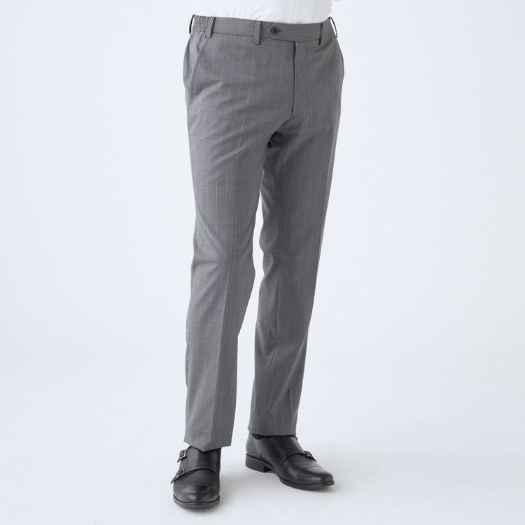 ブラックライン 【SLIM TAPERED_2】【春夏】2釦シングルスーツ 0タック/グレー×ストライプ/ウエストシャーリング/4S SUSTAINABILITY&ECOLOGY FABRIC/ウォッシャブル/※パンツ裾上げ済仕様 グレー中間