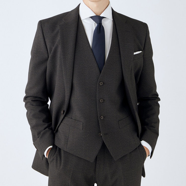ブラックライン 【SLIM TAPERED_2】【秋冬】2釦シングルスリーピーススーツ 0タック/ブラウン×チェック/ウエストシャーリング/4S SUSTAINABILITY&ECOLOGY FABRIC/※パンツ裾上げ済仕様 茶濃色
