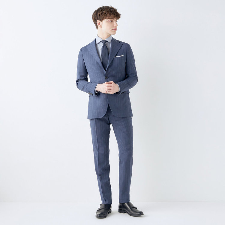 シルバーライン 【CLASSICO TAPERED】【春夏】3釦段返りシングルスーツ 2タック/ネイビー×ストライプ/ウエストムーブ仕様/MARZOTTO/※パンツ裾直し必要 紺淡色
