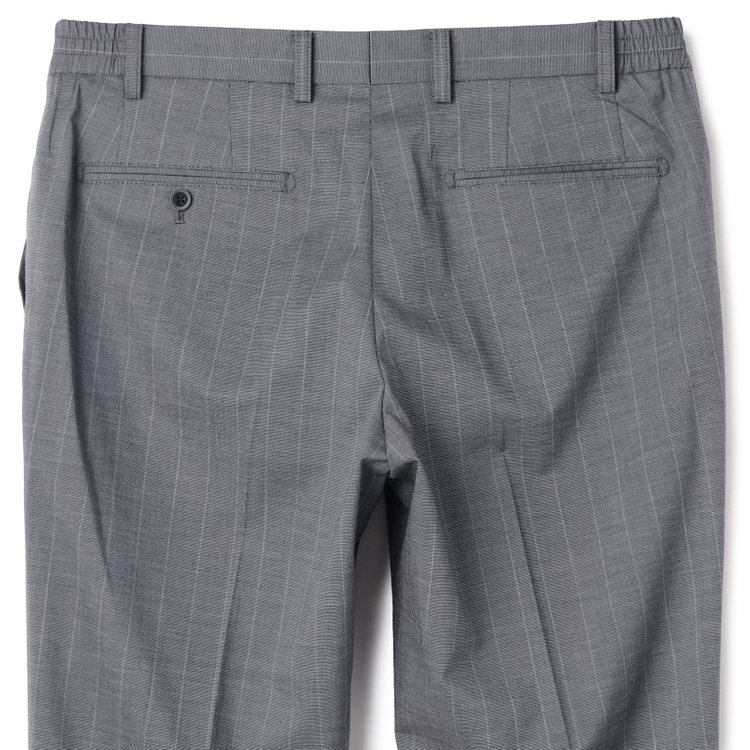 ブラックライン 【SLIM TAPERED_2】【春夏】2釦シングルスーツ 0タック/グレー×ストライプ/ウエストシャーリング/4S SUSTAINABILITY&ECOLOGY FABRIC/ウォッシャブル/※パンツ裾上げ済仕様 グレー中間