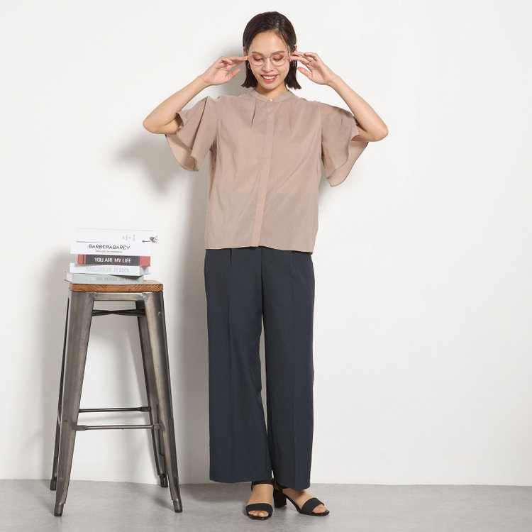 シルバーライン 【半袖】バンドカラーブラウス/ブラウン/「ストレッチ」「通気性」「吸水・速乾」「環境負荷軽減」 茶淡色