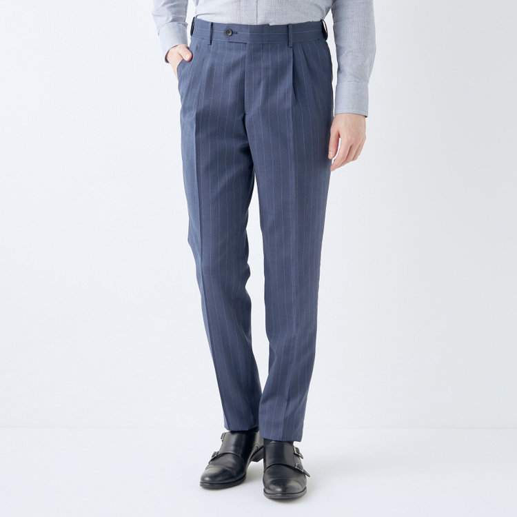 シルバーライン 【CLASSICO TAPERED】【春夏】3釦段返りシングルスーツ 2タック/ネイビー×ストライプ/ウエストムーブ仕様/MARZOTTO/※パンツ裾直し必要 紺淡色