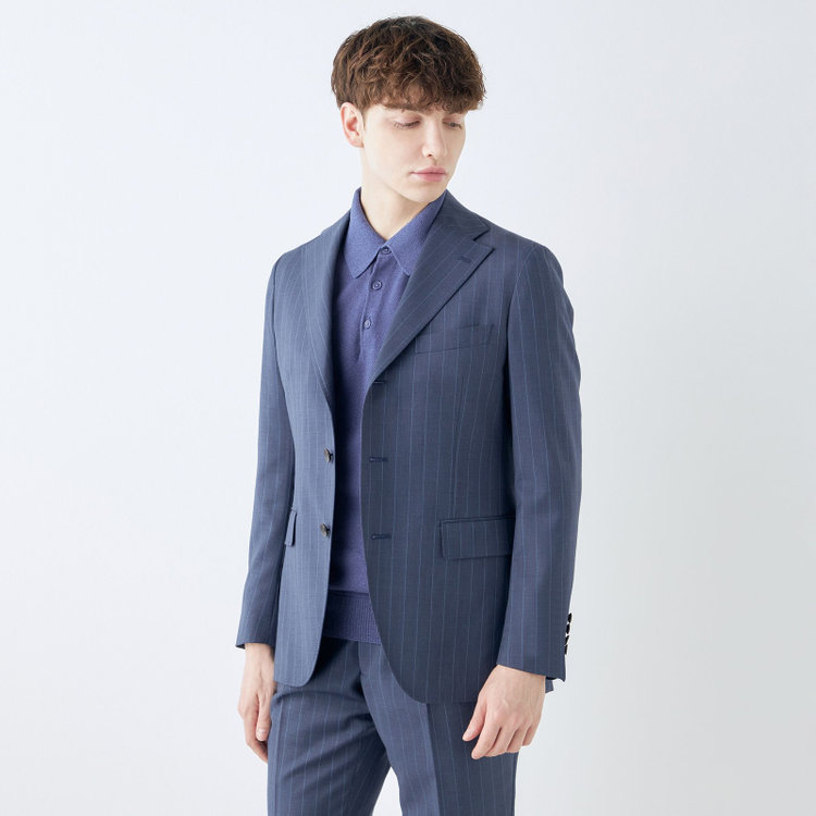 シルバーライン 【CLASSICO TAPERED】【春夏】3釦段返りシングルスーツ 2タック/ネイビー×ストライプ/ウエストムーブ仕様/MARZOTTO/※パンツ裾直し必要 紺淡色