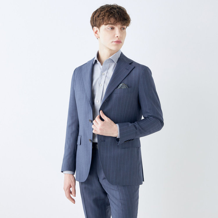 シルバーライン 【CLASSICO TAPERED】【春夏】3釦段返りシングルスーツ 2タック/ネイビー×ストライプ/ウエストムーブ仕様/MARZOTTO/※パンツ裾直し必要 紺淡色
