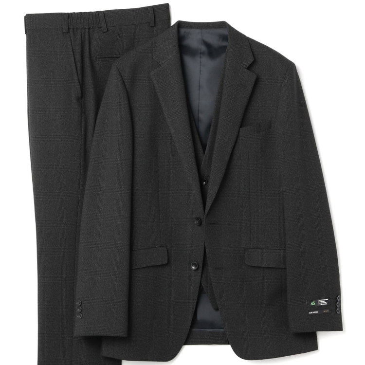 ブラックライン 【SLIM TAPERED_2】【秋冬】2釦シングルスリーピーススーツ 0タック/グレー×チェック/ウエストシャーリング/4S SUSTAINABILITY&ECOLOGY FABRIC/※パンツ裾上げ済仕様 グレー濃色