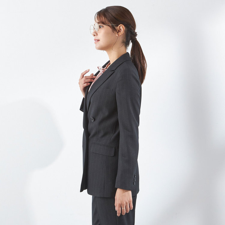 シルバーライン 【SILVER LINE】【秋冬】4釦1掛ダブル パンツスーツ/ブラック×ストライプ/ウォッシャブル/ウエストシャーリング/4S SUSTAINABILITY&ECOLOGY FABRIC/※パンツ裾上げ済仕様 黒